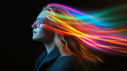 Naklejka premium Colorful Hair Flowing in Motion Against Dark Background with Glasses and Expression