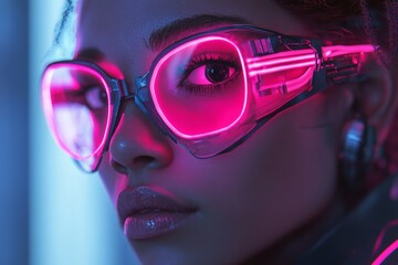 Model with futuristic glasses showcasing vibrant neon lighting in an urban setting during nighttime