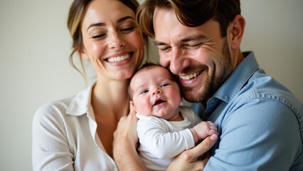Obraz premium young couple warmly hugs new baby boy tightly joy love happy faces