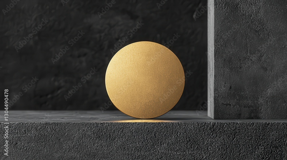 Poster golden sphere displayed on dark surface minimalist art studio setting modern design