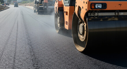 Heavy roller compacts fresh hot asphalt on a newly paved road, ensuring a smooth and durable surface as part of ongoing road construction