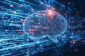 Fototapeta premium A dynamic background of a circuit board, with electric currents and data connections, symbolizing the cutting-edge technology behind artificial intelligence.