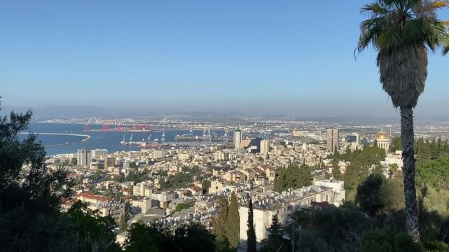 Haifa, Israel. Panoramic views of the city, port and Haifa Bay.