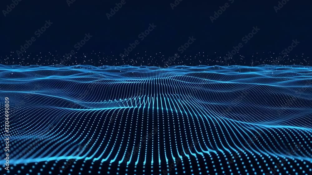 Poster intricate blue wave grid with dotted texture and flowing lines on a dark digital background
