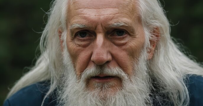 Senior man with long white hair and beard showing wisdom and experience