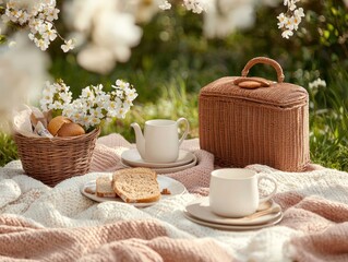 Cozy Outdoor Picnic Setup with Food and Flowers in Bright Spring Light