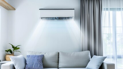 Modern air conditioner above sofa in stylish living room interior with natural light