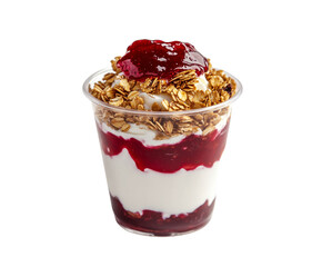 Berry Yogurt Parfait with Granola in Clear Cup Isolated on Transparent Background
