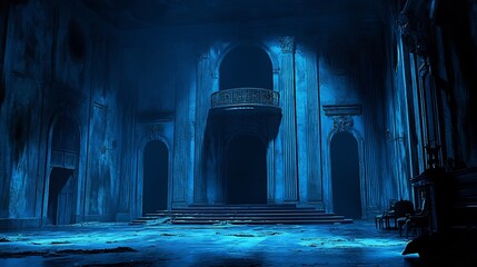 Eerie blue light illuminates grand hall ancient architecture mysterious atmosphere. AI Generated