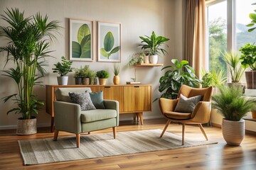 Fototapeta premium Cozy Living Room Interior: Oak Sideboard, Armchair, Plants, Warm Tones
