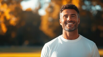 Obraz premium Smiling man in nature, surrounded by vibrant trees, radiates pos