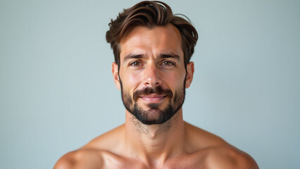 Fototapeta premium bearded man stands perfectly studio flawless skin