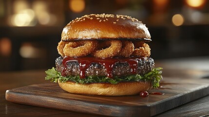 Delicious BBQ burger with onion rings on wooden board in a bar