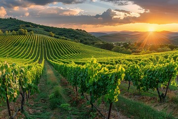 Fototapeta premium Scenic vineyard landscape at sunset with rolling hills and lush green vines