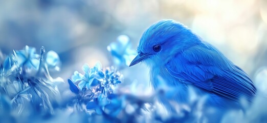Blue bird perched among delicate blue flowers in soft focus background