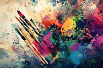 Fototapeta premium Paintbrushes on vibrant watercolor background.