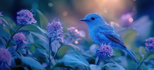 Blue bird perched on flowers with dew drops in soft focus background