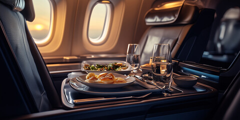 Fototapeta premium A luxurious meal placed on a first class seat of an airplane, with natural lighting, a cinematic composition, and sharp details.
