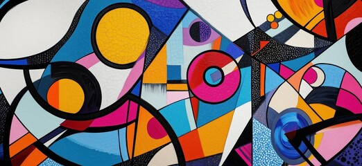 Fototapeta premium Colorful abstract mural featuring geometric shapes and vibrant patterns