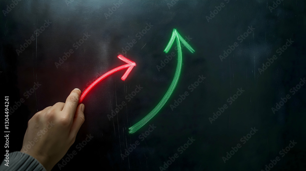 Poster a hand draws a red arrow pointing left and a green arrow pointing upward on a dark surface, symboliz