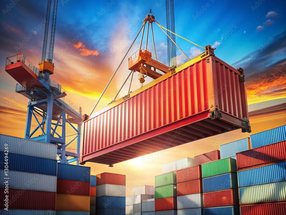 Poster crane lifting cargo container with chinese flag at busy import export terminal