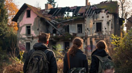 Three young adults observing abandoned war-torn house in overgrown forest setting