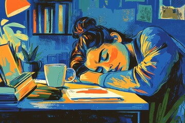Woman Sleeping at Desk Surrounded by Writing Supplies and Plants