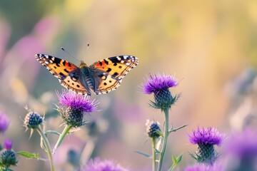 Obraz premium Painted lady butterfly landing on thistle flowers in sunset.