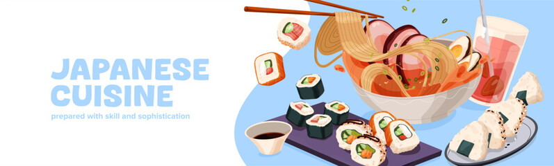 Japanese cuisine restaurant advertising banner design. Asian cafe promotion. Template with snacks, meals, cooked eating. Food composition with sushi, noodles, onigiri, soup. Flat vector illustration