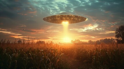 Alien spaceship hovering over sunset cornfield with beam of light