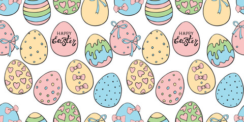 Vector seamless pattern with colorful Easter eggs. Hand drawn doodle, holiday backgrounds and textures with decorative elements