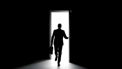 Stepping into opportunity businessman exits doorway to new beginnings minimalistic professional motivational