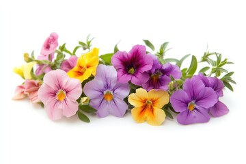 Fototapeta premium A white background image featuring a cluster of calibrachoa flowers in various shades, showcasing their beauty and versatility in floral arrangements.