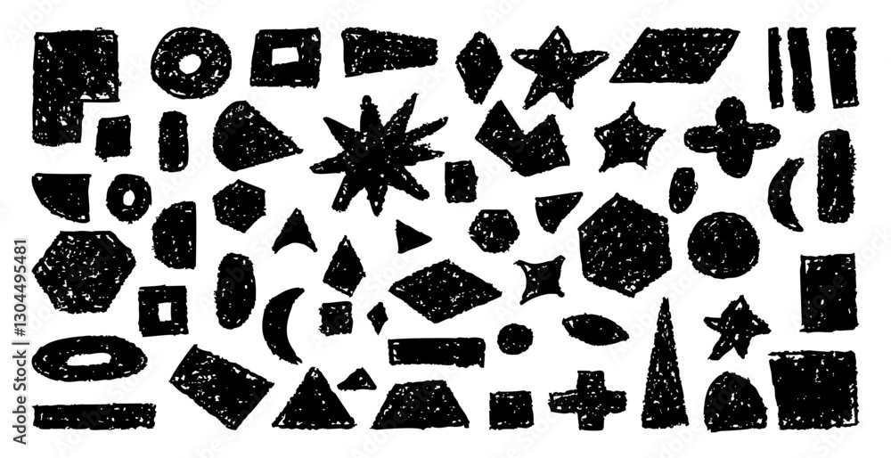 Poster set of abstract geometric basic shapes drawn with pastel black color or charcoal. hand drawn paint q