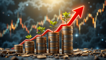 Wealth Growth and Investment Success. Stacks of Gold Coins with Green Sprouts Representing Financial Growth Against a Rising Stock Market Chart