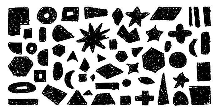 Set of abstract geometric basic shapes drawn with pastel black color or charcoal. Hand drawn paint quote frame collection. Empty monochrome speech bubble set. Scribble square shape text boxes. Vector.
