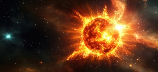 Obraz premium Stunning depiction of a fiery sun in deep space with vibrant solar flares and cosmic background