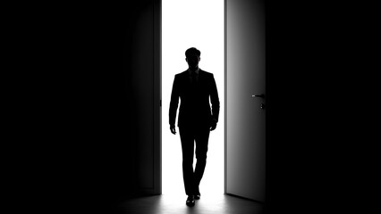 Business professional exiting an office doorway corporate environment silhouette perspective empowerment concept