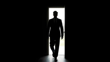 Obraz premium Mysterious figure emerges from darkness business setting silhouette image indoor environment dramatic perspective suspenseful concept