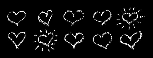 Set of black hearts signs drawn by wax pencil. Love symbols in doodle style. Collection of hand drawn kid hearts elements for valentine card or rock, hip hop music poster design. Vector illustration.