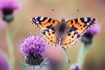 Obraz premium Painted lady butterfly on thistle flower. (2)