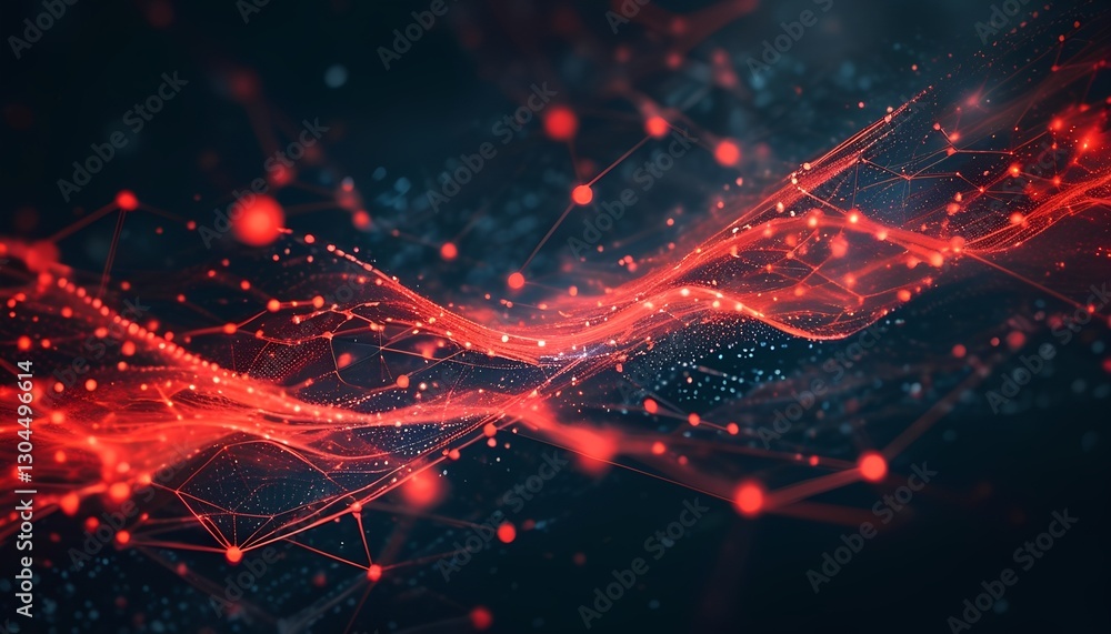 Poster dynamic flow of red light waves abstract digital art modern technology dark background close-up view