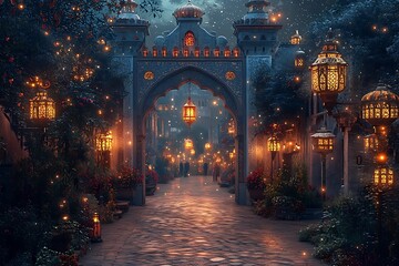 Obraz premium Glowing Archway Leading to a Mystical Path with Twinkling Lights