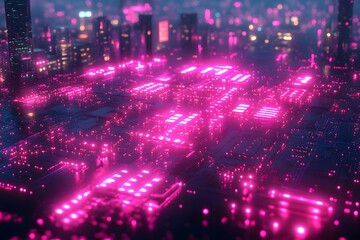 Obraz premium Futuristic Neon Cityscape at Night - Cyberpunk Urban Landscape for Digital Background