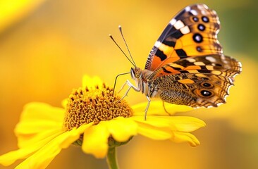 Obraz premium Painted lady butterfly on yellow flower. (4)