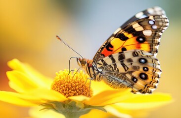 Obraz premium Painted lady butterfly on yellow flower. (5)