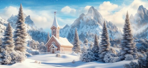 Fototapeta premium Snowy winter landscape featuring charming church surrounded by majestic mountains