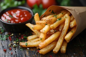 Crispy French Fries in Rustic Cone with Tomato Ketchup and Herbs