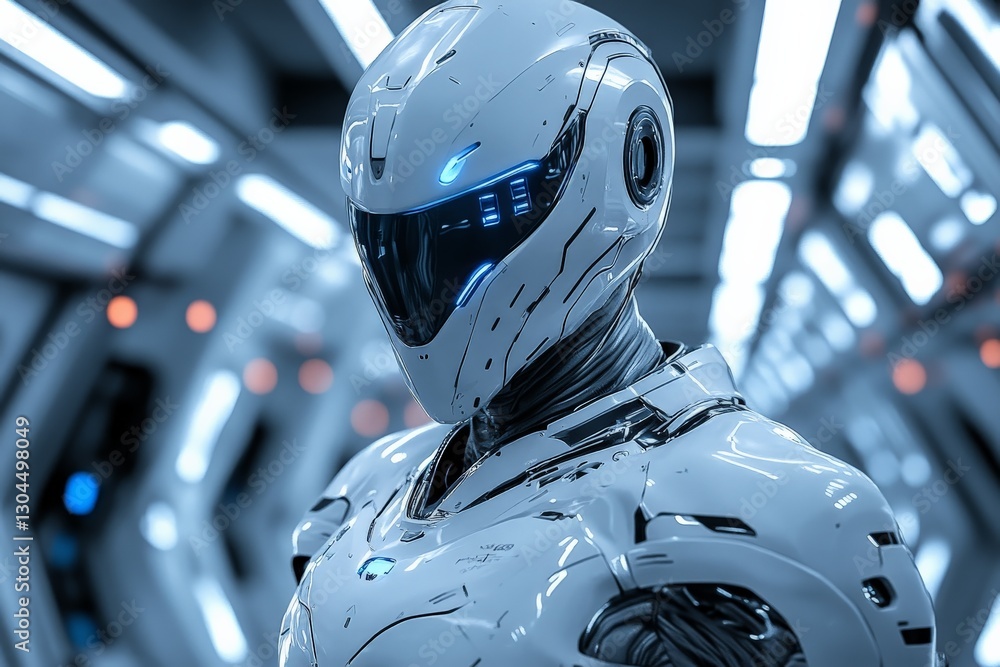 Poster futuristic humanoid robot with sleek design in a high-tech corridor