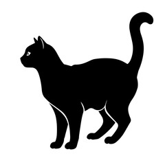 Graphic illustration of a full-length black cat, with a curved tail, emphasizing its grace and elegance, on a white isolated background